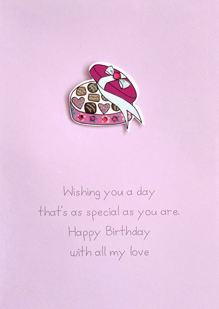 Wonderful Wife With Love Birthday Card - Hand-Finished Embellished Chocolate Box