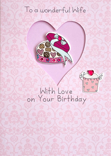 Wonderful Wife With Love Birthday Card - Hand-Finished Embellished Chocolate Box