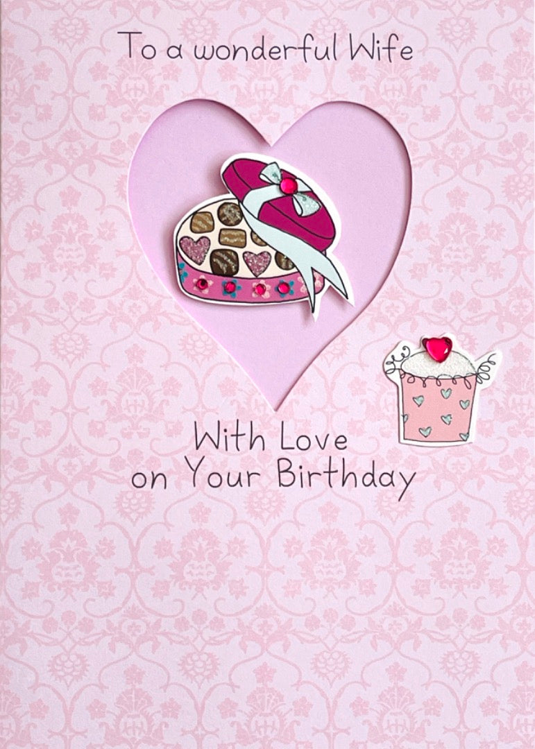 Wonderful Wife With Love Birthday Card - Hand-Finished Embellished Chocolate Box