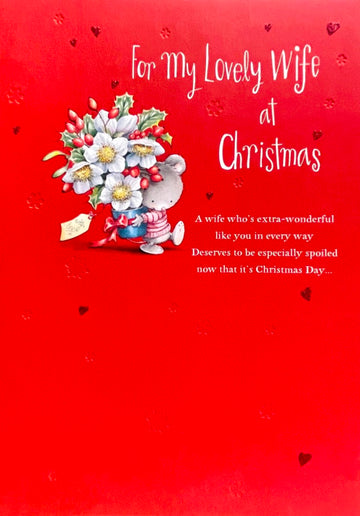 Lovely Wife Deserves To Be Spoiled Lots of Love Cute Christmas Card Hallmark - Mouse with Flowers