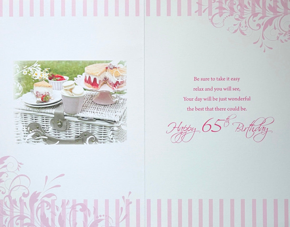 Happy 65Th Birthday Card Relax and Enjoy Lovely Picnic Strawberry Cake Macaroon