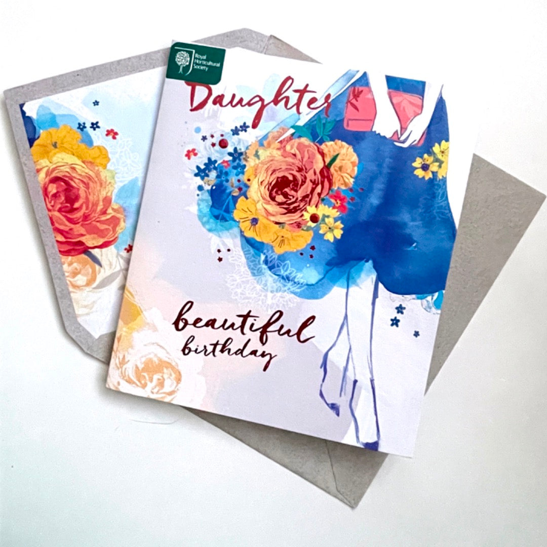 Daughter Beautiful Birthday Card Blue Dress Flower Art RHS Royal Horticultural Society