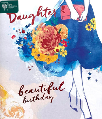 Daughter Beautiful Birthday Card Blue Dress Flower Art RHS Royal Horticultural Society