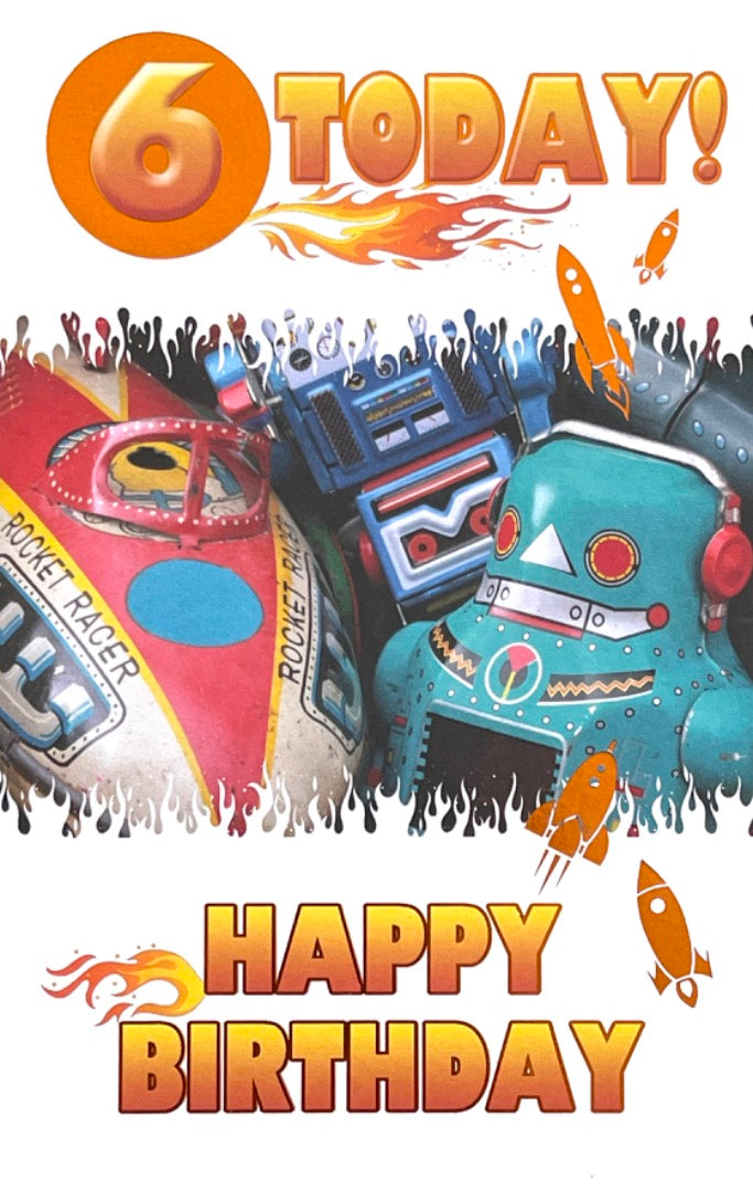 6 Today Enjoy Your 6th Birthday Card Colourful Robots and Rocket Racer Retro Art