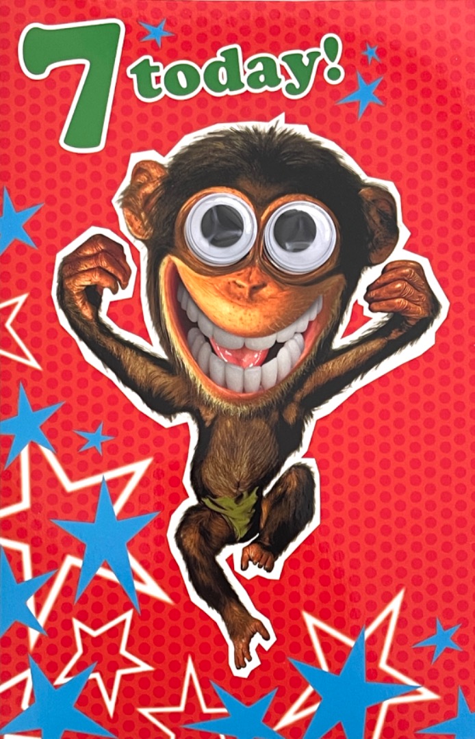 7 Today 7th Apey Birthday Card Baby Chimpanzee with Big Goggly Eyes Funny Humour