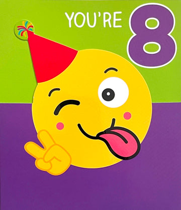 You're 8 Happy Birthday Card Silly Funny Emoji Emoticon Party Hat Peace 8th