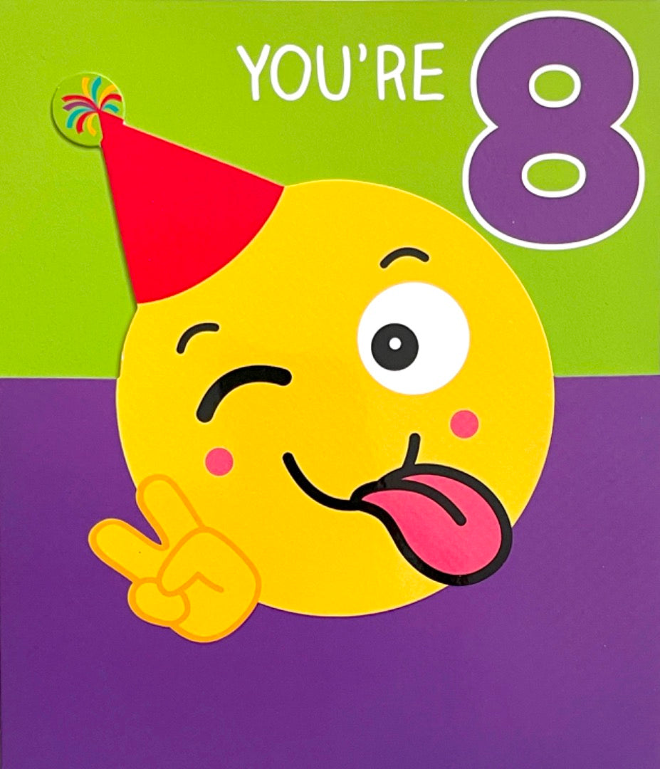 You're 8 Happy Birthday Card Silly Funny Emoji Emoticon Party Hat Peace 8th