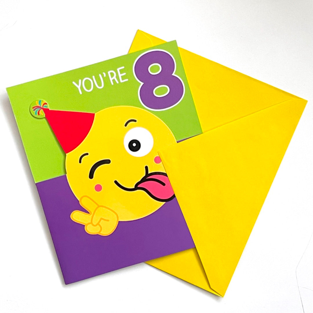You're 8 Happy Birthday Card Silly Funny Emoji Emoticon Party Hat Peace 8th