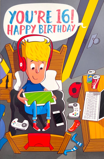 16th Happy Birthday Card For Teenager Messy Room Video Games Gadgets Age 16 Funny Humour