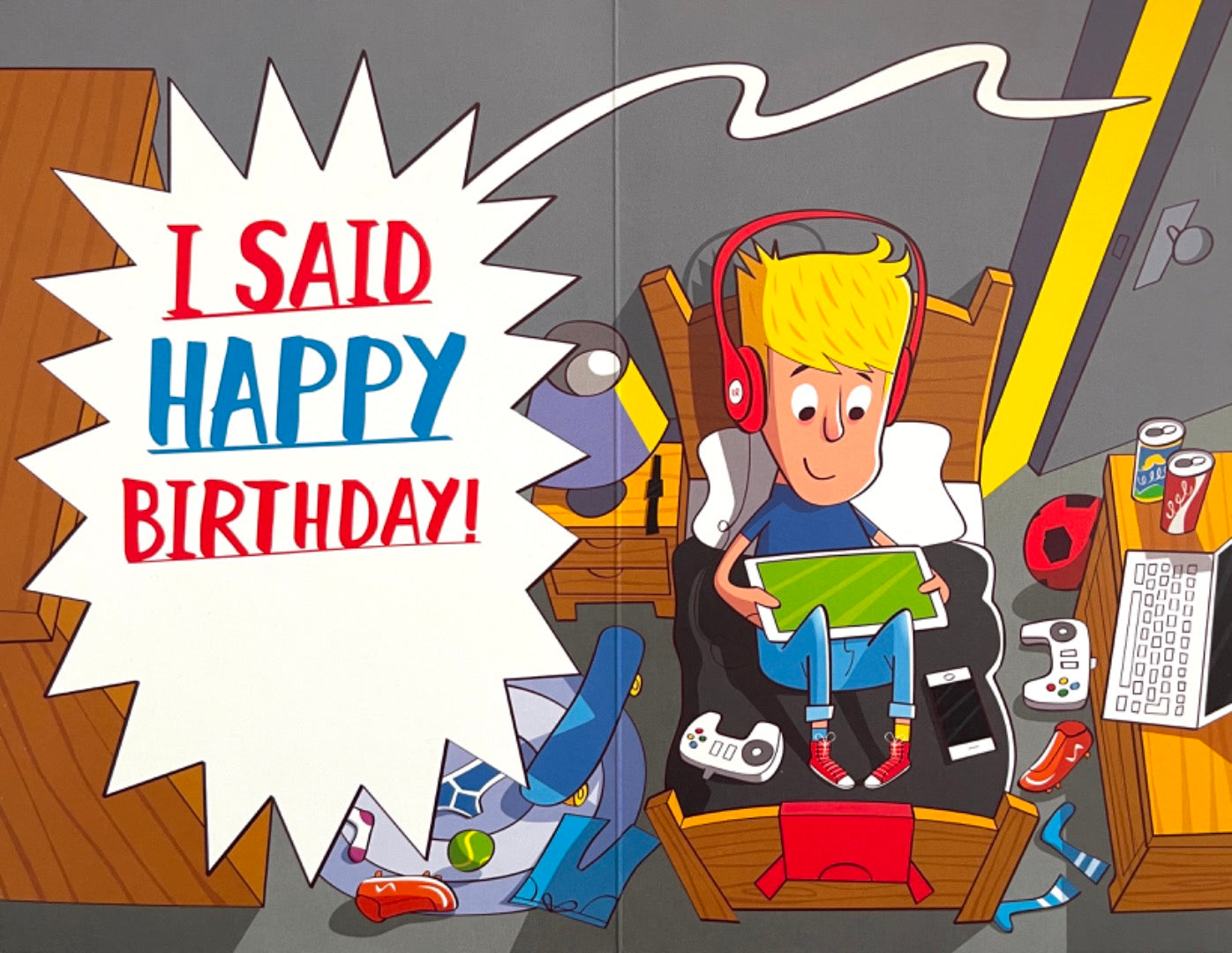 16th Happy Birthday Card For Teenager Messy Room Video Games Gadgets Age 16 Funny Humour
