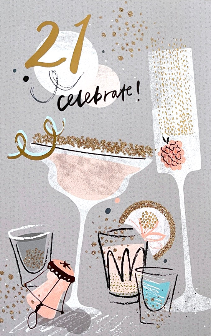 21st Happy Birthday Card Celebration Champers Call the Shots Drinks Milestone Age 21