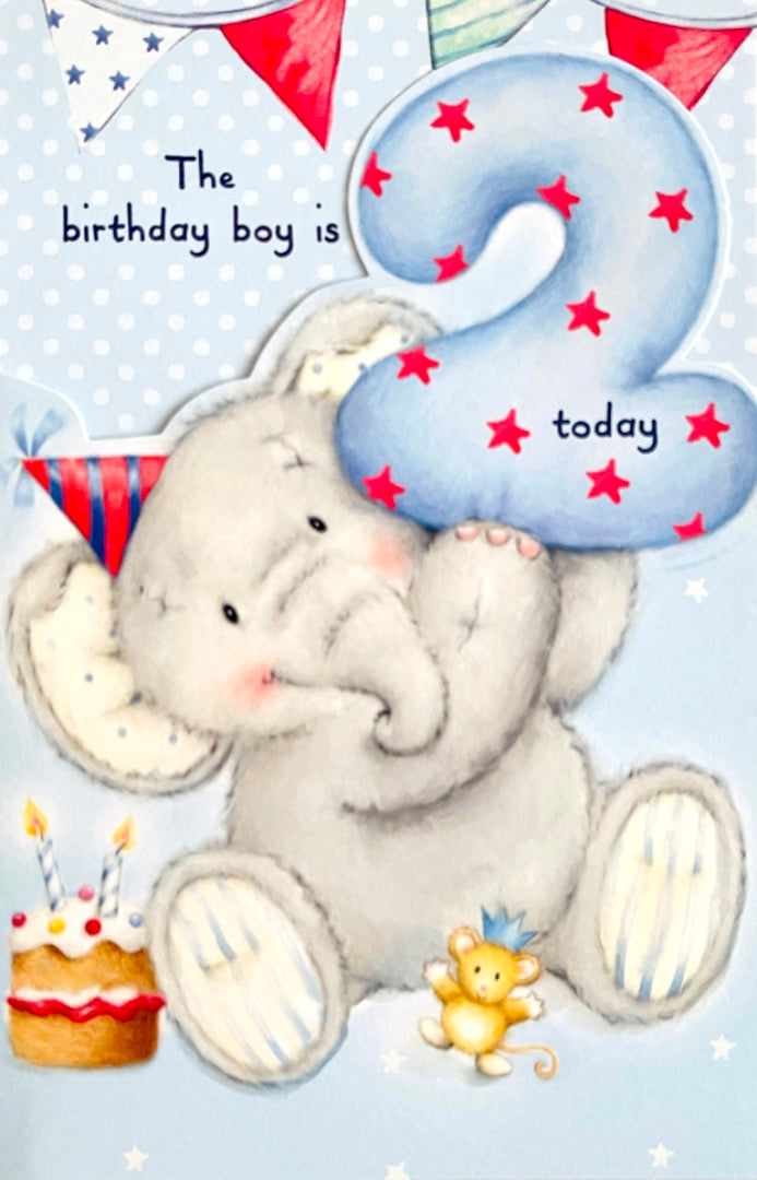 Happy 2nd Birthday Boy 2 Today Elephant Mouse Party Hat Cake Elliot Buttons - Blue
