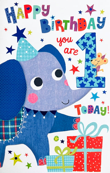 Happy 1st Birthday You Are 1 Today Card Elephant and Mouse with Party Hats Gifts