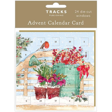 Countdown to Christmas Small 24 Door Advent Calendar Card, 16 x 16 cm, with Envelope by Tracks Publishing - Made in the UK - Eco Friendly (Robin in Garden)
