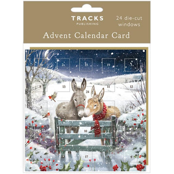Countdown to Christmas Small 24 Door Advent Calendar Card, 16 x 16 cm, with Envelope by Tracks Publishing - Made in the UK - Eco Friendly (Two Donkeys at Gate)