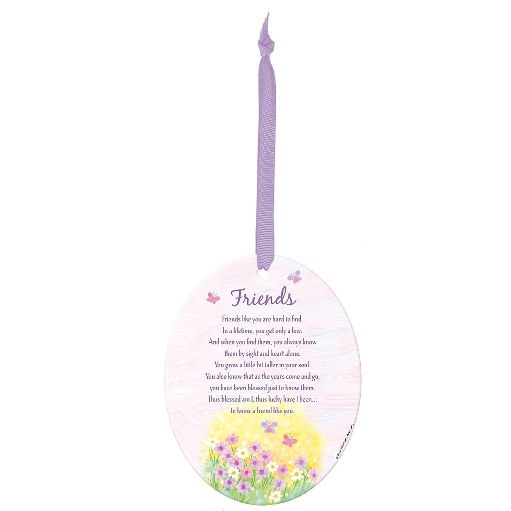 Friends Hanging Oval Ceramic Sentiment Plaque - Keepsake Gift Idea - Loving & Inspirational Words - Blessed, Luck and Friendship - Floral Butterfly Design