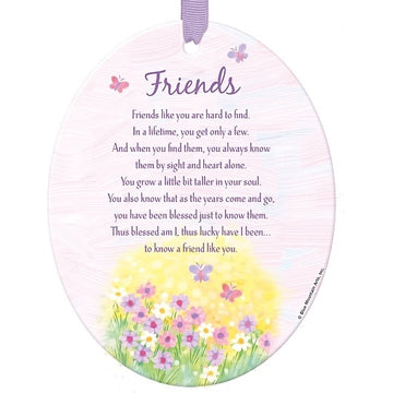 Friends Hanging Oval Ceramic Sentiment Plaque - Keepsake Gift Idea - Loving & Inspirational Words - Blessed, Luck and Friendship - Floral Butterfly Design