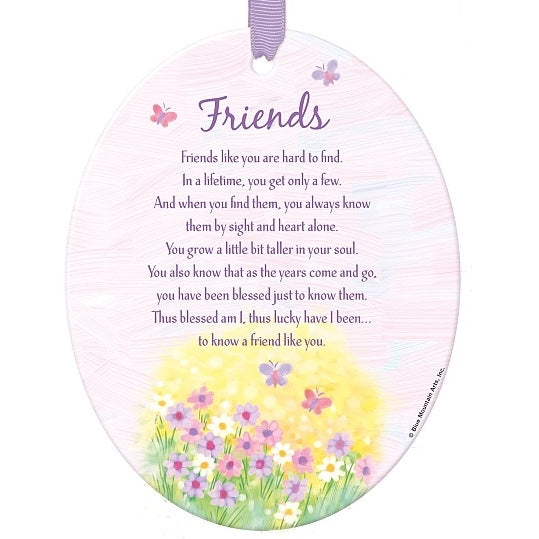 Friends Hanging Oval Ceramic Sentiment Plaque - Keepsake Gift Idea - Loving & Inspirational Words - Blessed, Luck and Friendship - Floral Butterfly Design