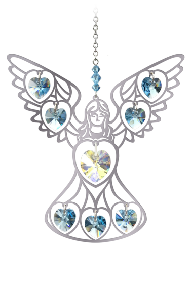 Angel Baby Blue Pure Radiance Large Crystal Hanging Sun-Catcher Mobile Rainbow Maker - Handmade with Chrome Motif with Coloured Crystal Hearts & Pendant