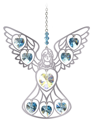 Angel Baby Blue Pure Radiance Large Crystal Hanging Sun-Catcher Mobile Rainbow Maker - Handmade with Chrome Motif with Coloured Crystal Hearts & Pendant