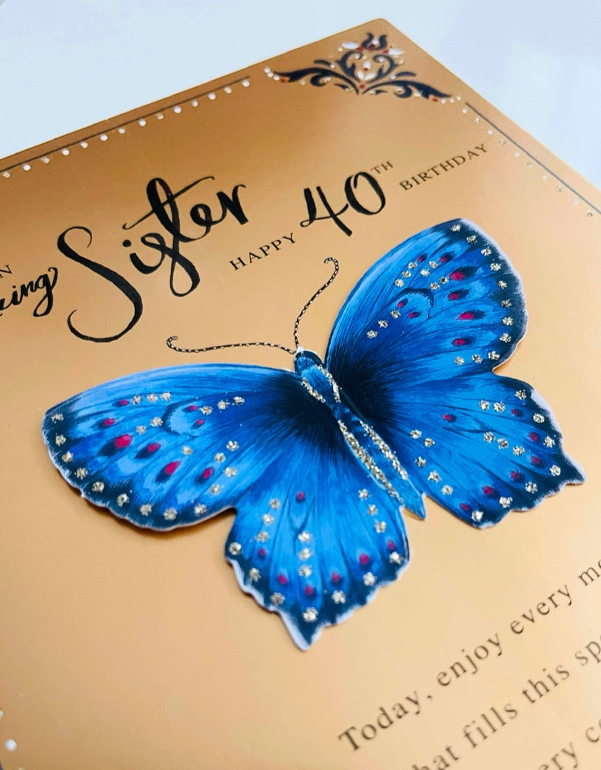Amazing Sister Happy 40th Birthday Card Lovely Verse Gold Blue Butterfly Age 40