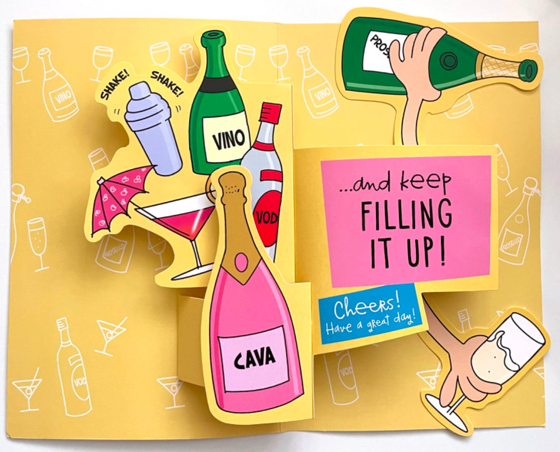 Sister Pop Up Birthday Card Funny Humour Enjoy a Drink Cheers Cava Vino Prosecco