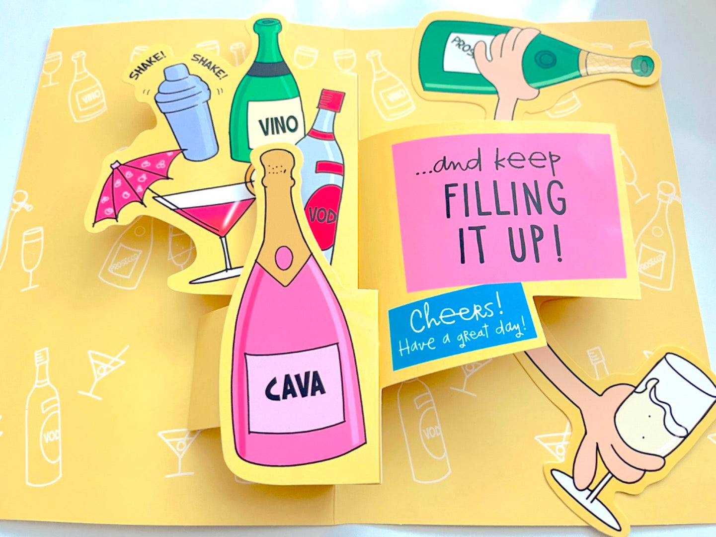 Sister Pop Up Birthday Card Funny Humour Enjoy a Drink Cheers Cava Vino Prosecco