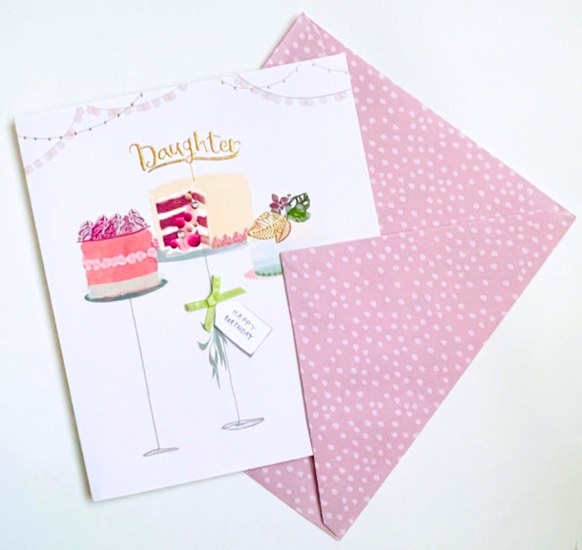 Lovely Daughter Perfect Day Happy Birthday Card Beautiful Cakes Art Embellishments