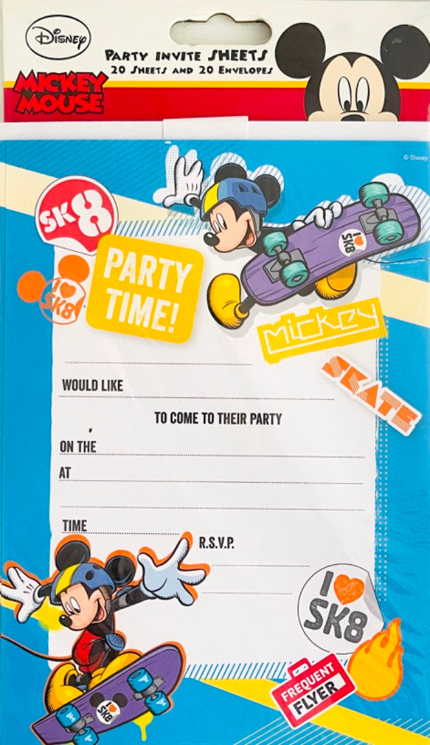 Mickey Mouse Invitations Pack of 20 Party Invite Sheets and Envelopes - Skateboarding SK8 Party Time