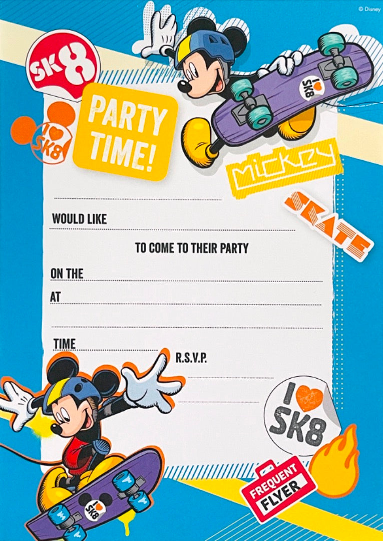 Mickey Mouse Invitations Pack of 20 Party Invite Sheets and Envelopes - Skateboarding SK8 Party Time