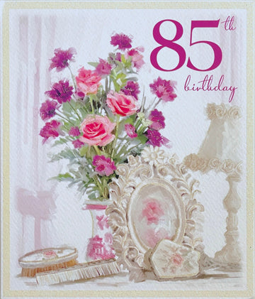 Happy 85th Birthday Card Glittered Vanity and Flowers Art Milestone Age 85