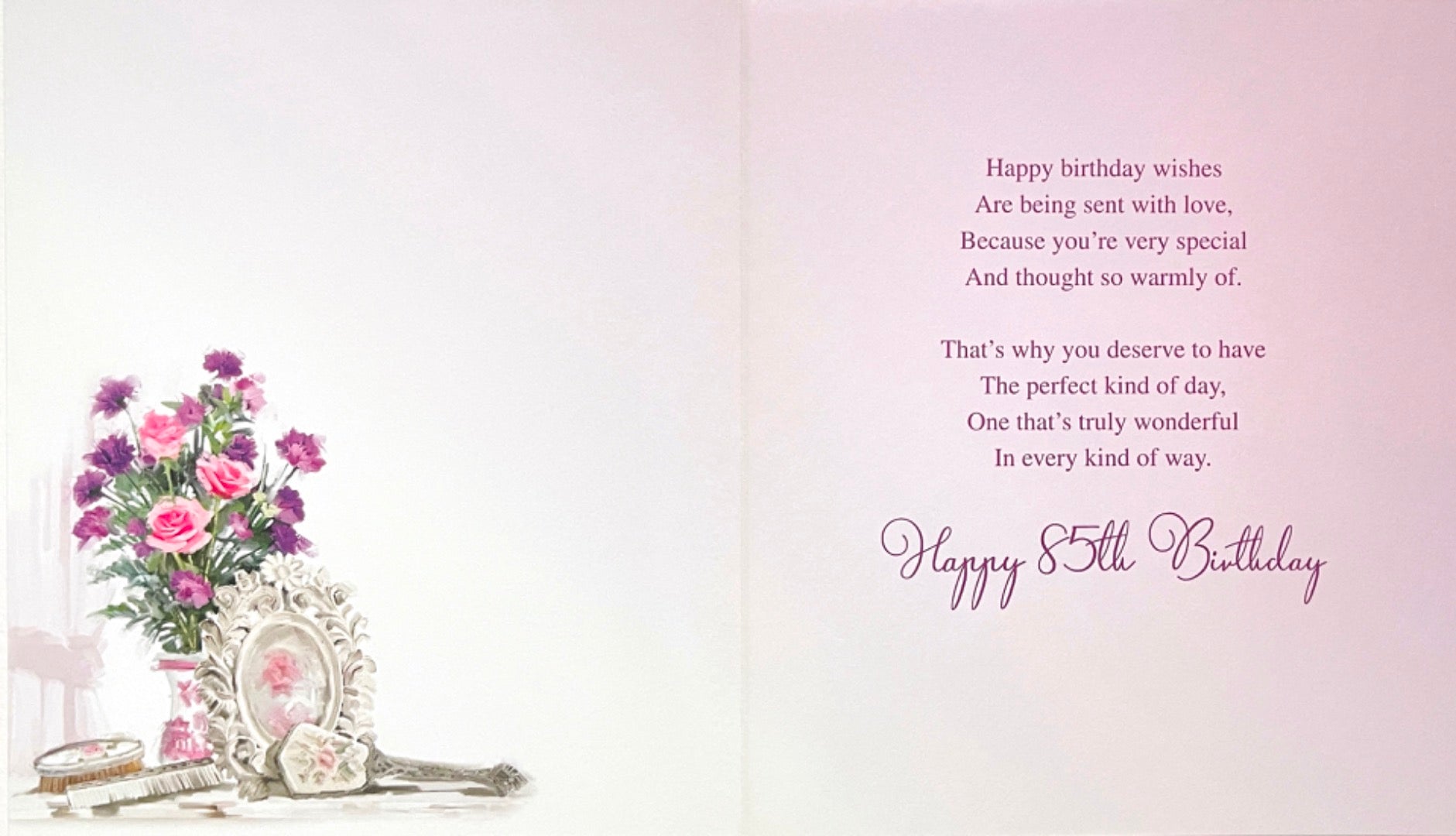 Happy 85th Birthday Card Glittered Vanity and Flowers Art Milestone Age 85