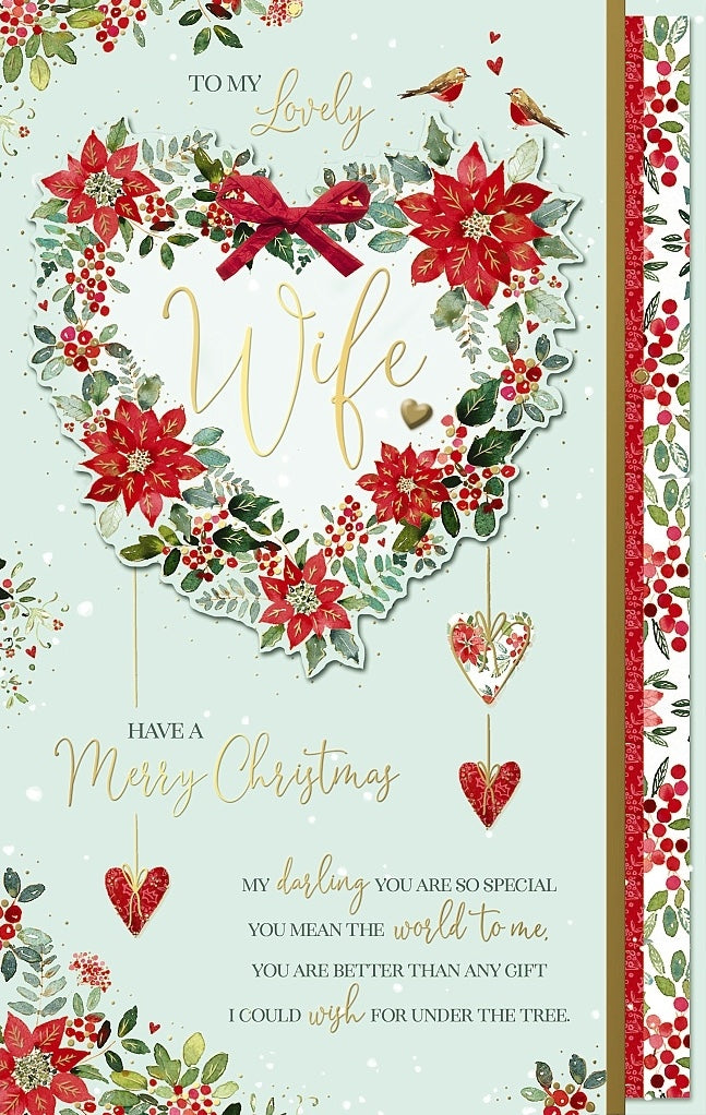 To My Lovely Wife Die-Cut Heart Wreath Gold Embossed Large Luxury Christmas Card - Pink Ribbon Bow Hand-finished