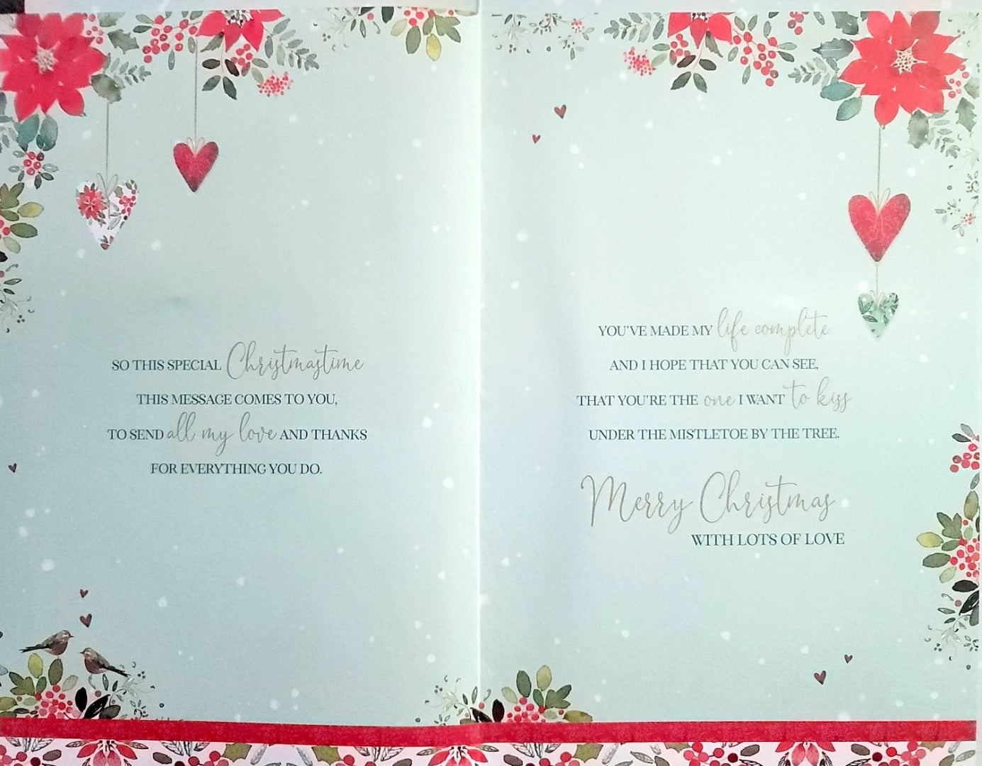 To My Lovely Wife Die-Cut Heart Wreath Gold Embossed Large Luxury Christmas Card - Pink Ribbon Bow Hand-finished