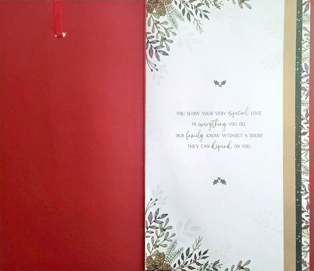 To a Lovely Mum Die-Cut Wreath Gold Embossed Large Luxury Versed Christmas Card - Red Ribbon Bow Hand-finished - Three Tier Insert