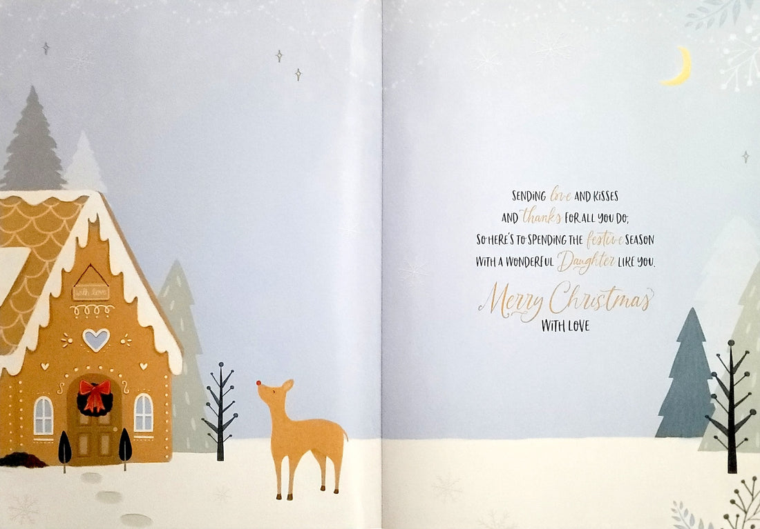 To a Lovely Daughter - Gingerbread House Hand-finished with Love Christmas Card - Red Ribbon - Gold Embossed