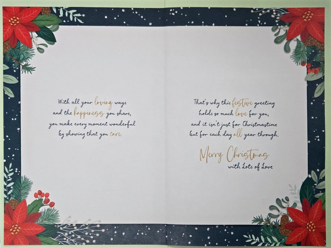 To a Lovely Mum at Christmas Time Red Poinsettia Holly Pine Large Greeting Card