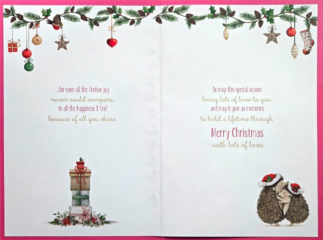 For a Wonderful Wife at Christmas Festive Hedgehog's in Love 9''x6'' Greeting Card