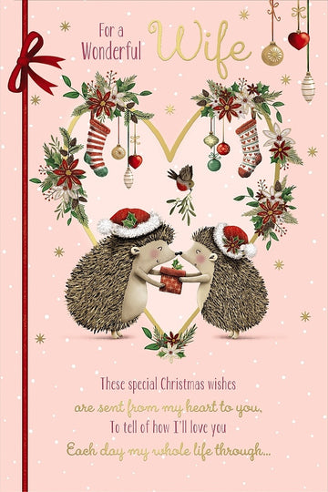 For a Wonderful Wife at Christmas Festive Hedgehog's in Love 9''x6'' Greeting Card