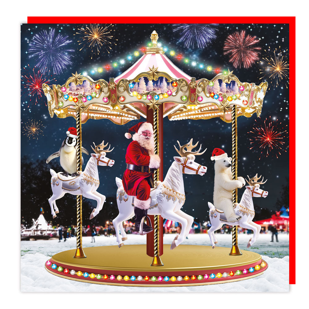 3D Lenticular Santa Christmas Card - Carousel Merry Go Round Reindeer Fairground