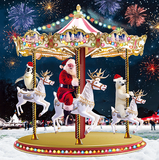3D Lenticular Santa Christmas Card - Carousel Merry Go Round Reindeer Fairground