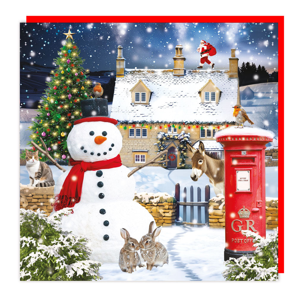 3D Lenticular Christmas Card Snowman Robin Cottage Postbox & Santa Xmas Village