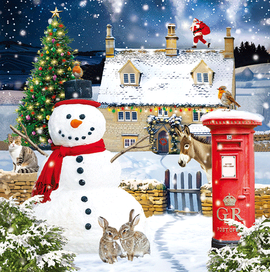 3D Lenticular Christmas Card Snowman Robin Cottage Postbox & Santa Xmas Village