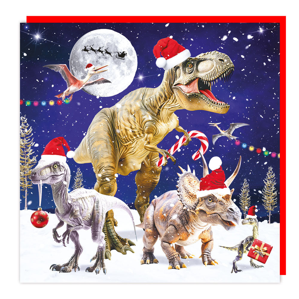 3D Lenticular Christmas Card Dinosaur T-Rex Santa Kids Grandson Xmas + Envelope