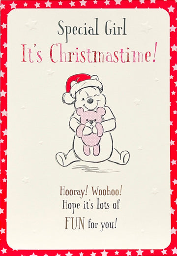 Special Girl Winnie the Pooh Bear in Santa Hat Cute Christmas Card - Disney Hallmark
