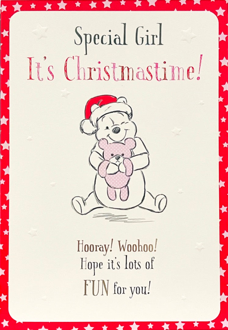 Special Girl Winnie the Pooh Bear in Santa Hat Cute Christmas Card - Disney Hallmark