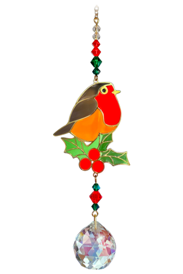 Robin on Holly Crystal Dreams Seasonal Pendant Sun-catcher Mobile Ornament With Gold & Coloured Glass Details