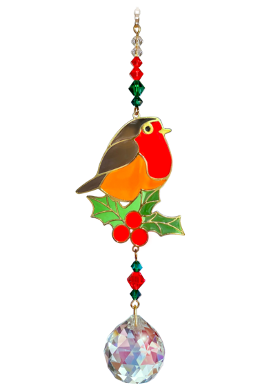 Robin on Holly Crystal Dreams Seasonal Pendant Sun-catcher Mobile Ornament With Gold & Coloured Glass Details