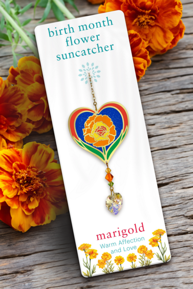 October - Marigold Birth Month Flower Sun-Catcher Mobile - Stained Glass Effect - Sparkling Crystal Heart Adorned - Embellished with Hand-Crafted Beadwork