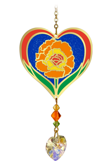 October - Marigold Birth Month Flower Sun-Catcher Mobile - Stained Glass Effect - Sparkling Crystal Heart Adorned - Embellished with Hand-Crafted Beadwork